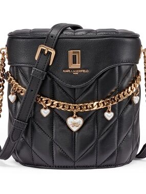 Karl Lagerfeld Black Leather Quilted Lafayette Crossbody Gold Chain Charms